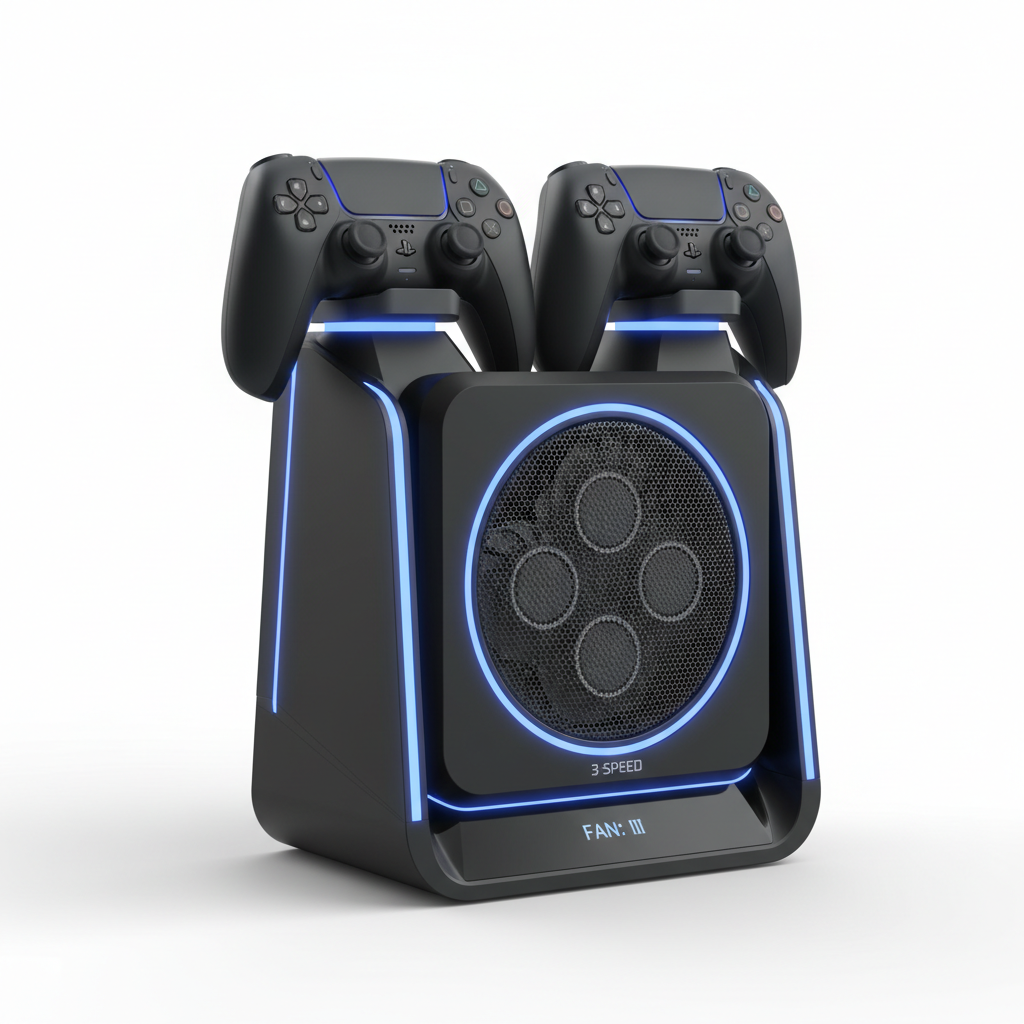 PS5 Cooling Stand with LED Controller Charging Station - 3-Speed Fan
