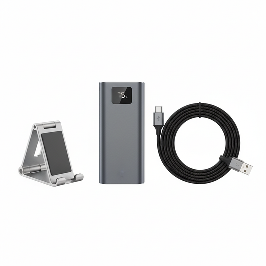 On The Go Travel Set - Powerbank + Cable + Phone Stand Bundle